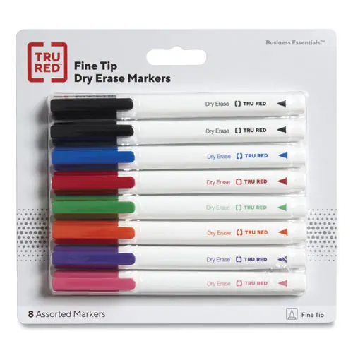 TRU RED™ Dry Erase Marker, Pen-Style, Fine Bullet Tip, Seven Assorted Colors, 8/Pack