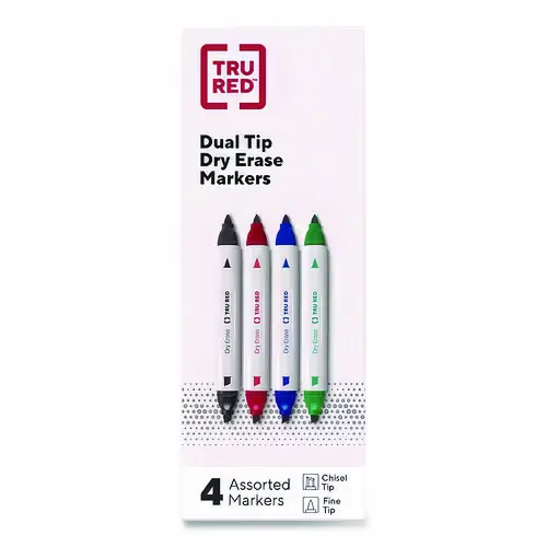 TRU RED™ Dry Erase Marker, Tank-Style Twin-Tip, Fine/Medium Bullet/Chisel Tips, Assorted Colors, 4/Pack