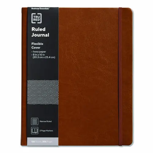 TRU RED™ Flexible-Cover Business Journal with Elastic Closure, 1-Subject, Narrow Rule, Cognac Cover, 128 Sheets, 10 x 8"