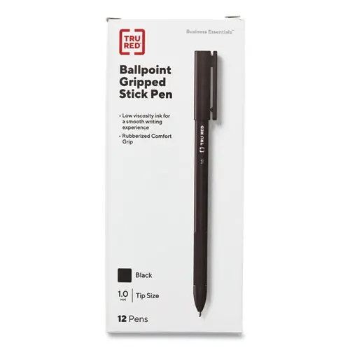 TRU RED™ Gripped Ballpoint Pen, Stick, Medium 1 mm, Black Ink, Black Barrel, Dozen