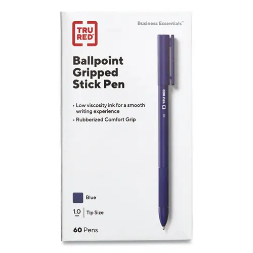 TRU RED™ Gripped Ballpoint Pen, Medium, 1 mm, Blue Ink, Blue Barrel, 60/Pack