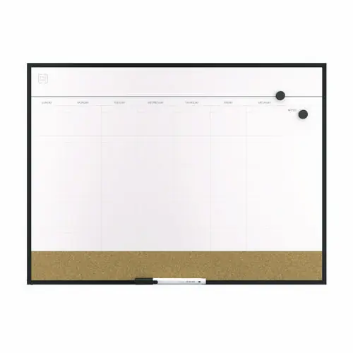 TRU RED™ Magnetic Steel Dry Erase Combo Board, Monthly Planning/Scheduling, 23" x 17", White/Natural Surface, Black Aluminum Frame