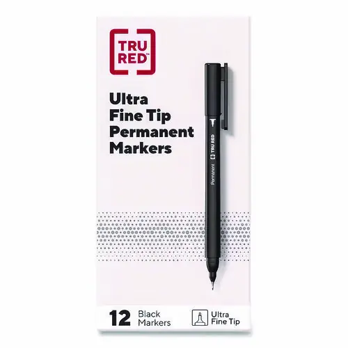 TRU RED™ Permanent Marker, Pen-Style, Extra-Fine Needle Tip, Black, Dozen