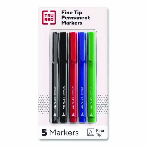 TRU RED™ Permanent Marker, Pen-Style, Fine Bullet Tip, Assorted Colors, 5/Pack