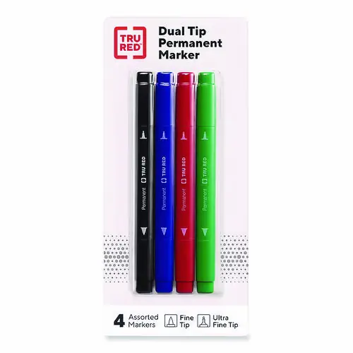 TRU RED™ Permanent Marker, Pen-Style Twin-Tip, Extra-Fine/Fine Bullet/Needle Tips, Assorted Colors, 4/Pack