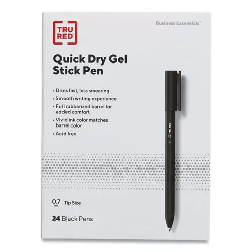 TRU RED™ Quick Dry Gel Pen, Retractable, Medium 0.7 mm, Black Ink, Black Barrel, 5/Pack