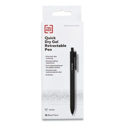 TRU RED™ Quick Dry Gel Pen, Retractable, Medium 0.7 mm, Black Ink, Black Barrel, Dozen