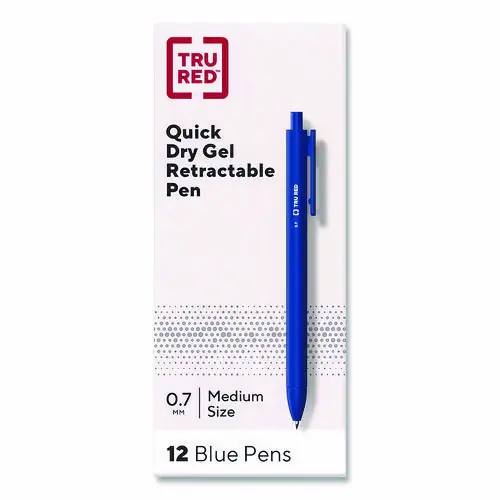 TRU RED™ Quick Dry Gel Pen, Retractable, Medium 0.7 mm, Blue Ink, Blue Barrel, Dozen