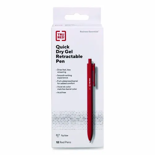 TRU RED™ Quick Dry Gel Pen, Retractable, Medium 0.7 mm, Red Ink, Red Barrel, Dozen