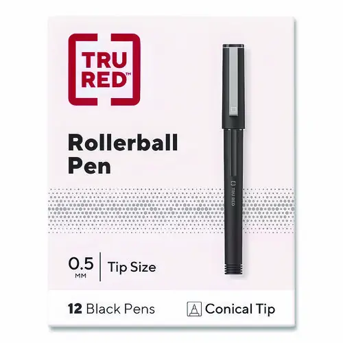 TRU RED™ Rollerball Pen, Stick, Fine 0.5 mm, Black Ink, Black/Clear Barrel, Dozen