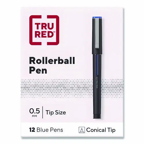 TRU RED™ Rollerball Pen, Stick, Fine 0.5 mm, Blue Ink, Black/Blue/Clear Barrel, Dozen