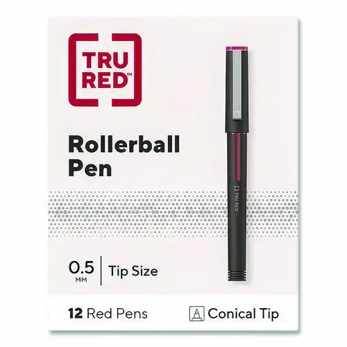 TRU RED™ Rollerball Pen, Stick, Fine 0.5 mm, Red Ink, Black/Red/Clear Barrel, Dozen