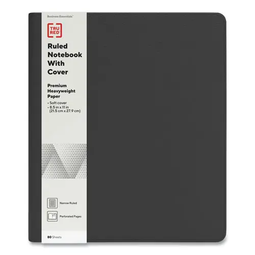 TRU RED™ Soft-Cover Notebook Folio Set, 1-Subject, Narrow Rule, Black Cover, 80 Sheets, 11 x 8.5 Inches