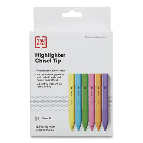 TRU RED™ Tank Style Chisel Tip Highlighter, Assorted Ink Colors, Chisel Tip, Assorted Barrel Colors, 12/Pack