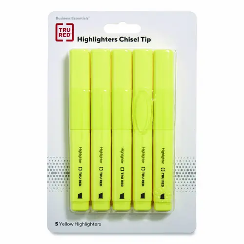 TRU RED™ Tank Style Chisel Tip Highlighter, Yellow Ink, Chisel Tip, Yellow Barrel, 5/Pack