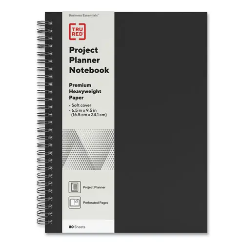 TRU RED™ Wirebound Soft-Cover Project-Planning Notebook, Black Cover, Project-Management Format, 80 Sheets, 9.5" x 6.5"