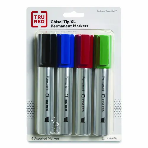 TRU RED™ XL Permanent Marker, Extra-Broad Chisel Tip, Assorted Colors, 4/Pack