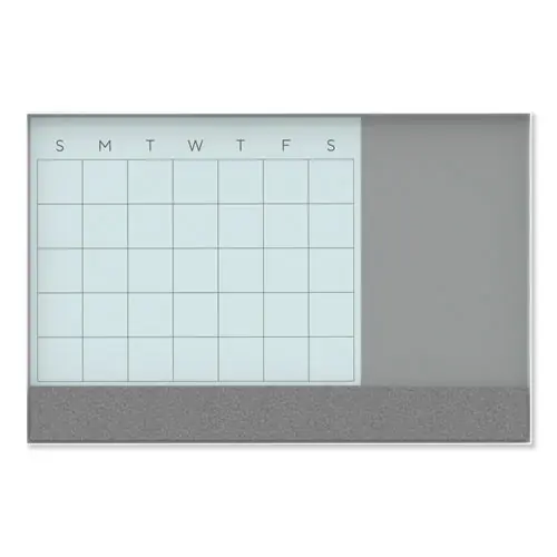 U Brands 3N1 Magnetic Glass Dry Erase Combo Board, Monthly Planning, Gray/White Surface, White Frame, 24" x 18" (Actual 23" x 17")