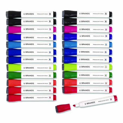 U Brands Chisel Tip Low-Odor Dry-Erase Markers with Erasers, Broad Chisel Tip, Assorted Colors, 24/Pack