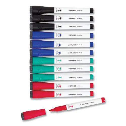 U Brands Medium Point Low-Odor Dry-Erase Markers with Erasers, Medium Bullet Tip, Assorted Colors, 12/Pack