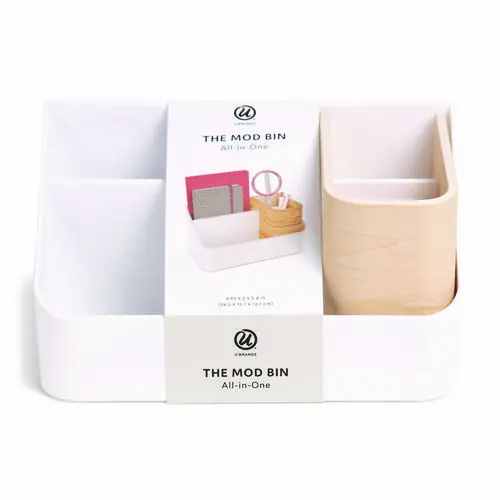 U Brands Mod All-in-One Desktop Organizer, Plastic/Wood, White, 4 Compartments