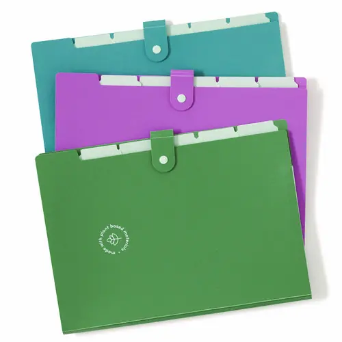 U Brands U-Eco Six-Pocket Expandable Folder, 4.5" Expansion, 6 Sections, Snap Button Closure, Letter Size, 3/Pack
