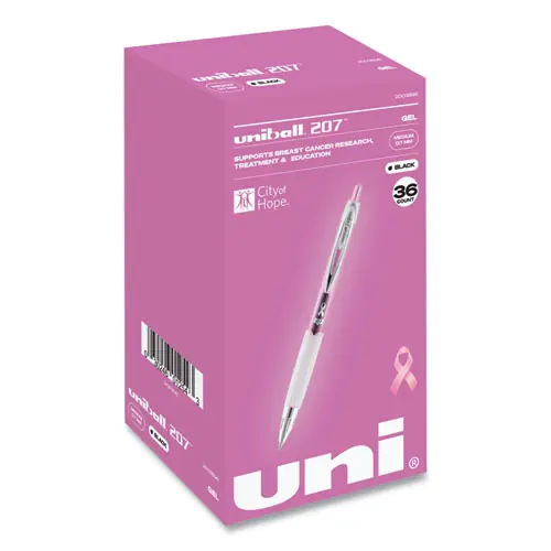 uniball® 207 Breast Cancer Awareness Retractable Gel Pens, Medium Point 0.7mm, Black Ink, Translucent Pink/White Barrel, 36 Pack