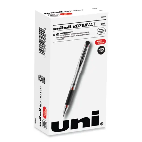 uniball® 207 Impact Gel Pen, Stick, Bold 1 mm, Red Ink, Silver/Black/Red Barrel