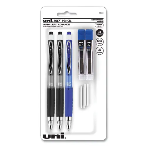 uniball® 207 Mechanical Pencils, 0.7 mm, HB #2, Black Lead, Assorted Barrel Colors, 3-Pack with Extra Lead and Erasers