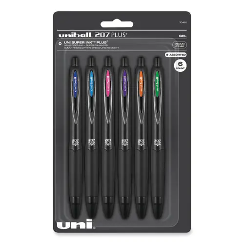 uniball® 207 Plus+ Gel Pen, Retractable, Medium 0.7 mm, Assorted Inspirational Ink Colors, Black Barrel, 6/Pack