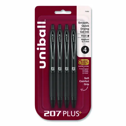 uniball® 207 Plus+ Gel Pen, Retractable, Medium Point, 0.7 mm, Black Ink, Black Barrel, 4 Pack