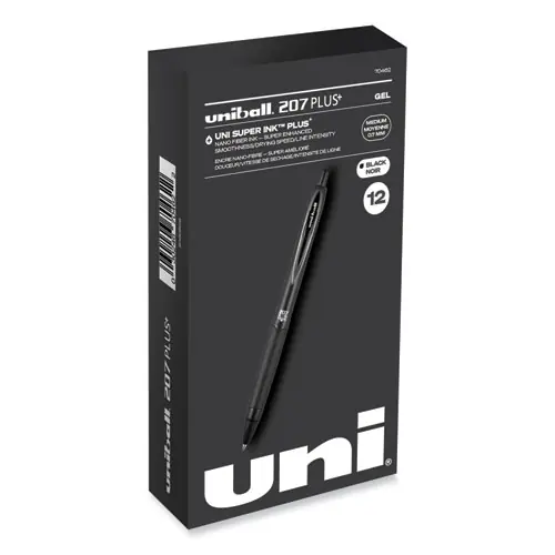 uniball® 207 Plus+ Gel Pen, Retractable, Medium Point, 0.7 mm, Black Ink, Black Barrel, Dozen