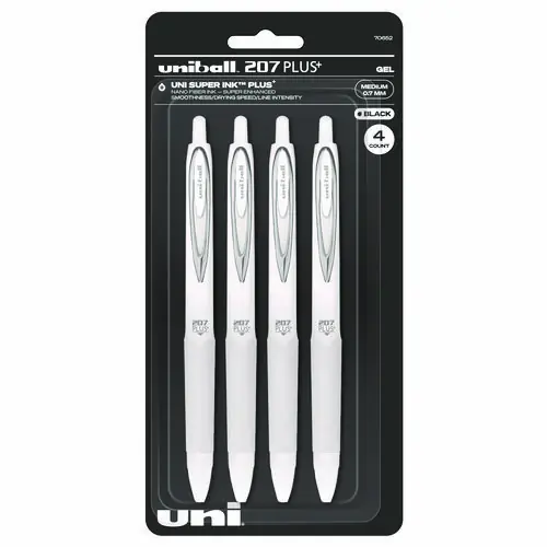 uniball® 207 Plus+ Gel Pen, Retractable, Medium, 0.7 mm, Black Ink, White Barrel, 4/Pack