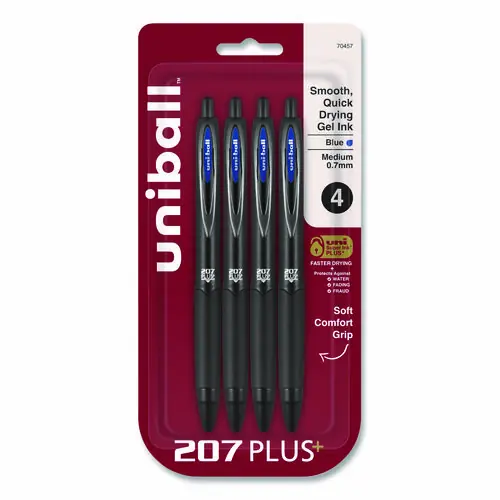 uniball® 207 Plus+ Retractable Gel Pen, Medium 0.7 mm, Blue Ink, Black Barrel, 4/Pack