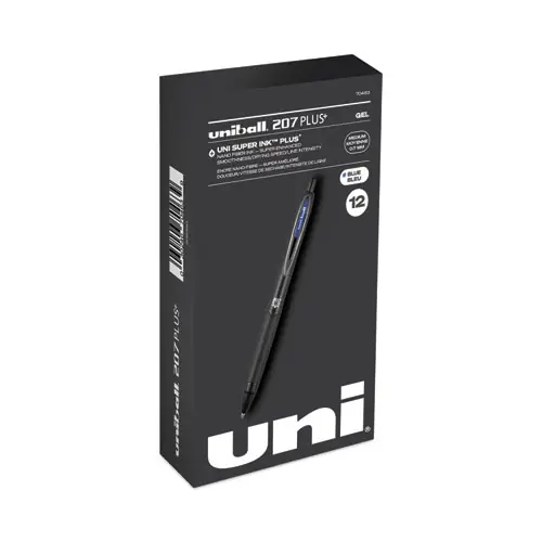 uniball® 207 Plus+ Gel Pen, Retractable, Medium Point, 0.7 mm, Blue Ink, Black Barrel, Dozen