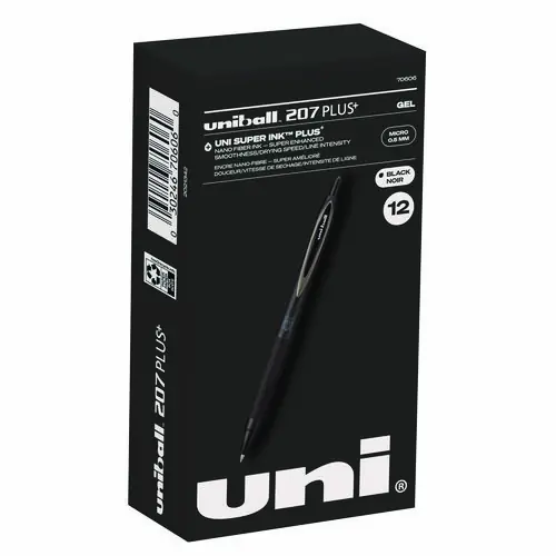 uniball® 207 Plus+ Gel Pen, Retractable, Micro 0.5 mm, Black Ink, Black Barrel, Dozen