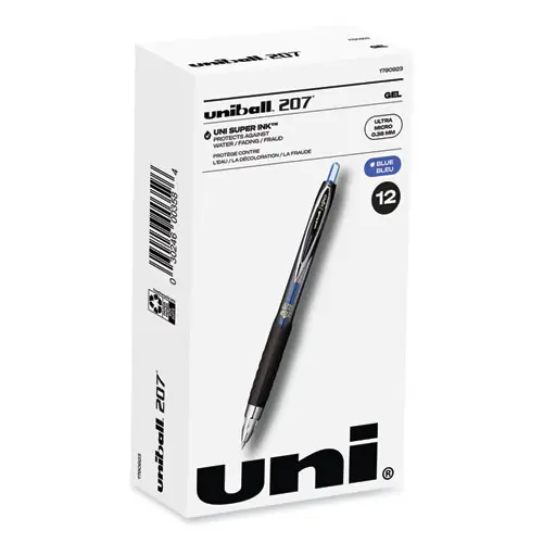 uniball® 207 Ultra Micro Gel Pen, Retractable, Ultra-Micro 0.38 mm, Blue Ink, Clear/Black Barrel