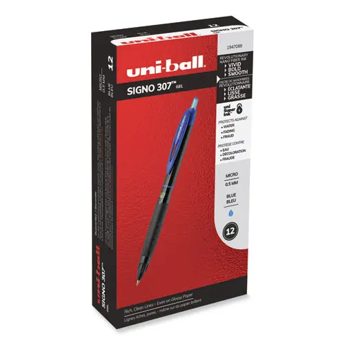 uniball® 307 Gel Pen, Retractable, Fine 0.5 mm, Blue Ink, Black Barrel, Dozen