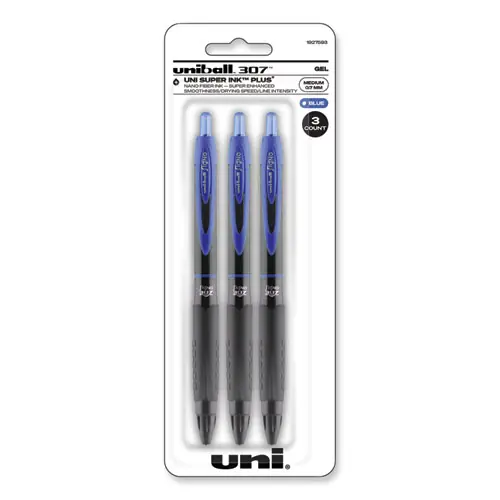 uniball® 307 Gel Pen, Retractable, Medium 0.7 mm, Blue Ink, Blue Barrel, 3/Pack