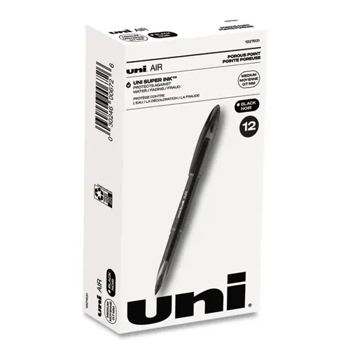uniball® AIR Porous Rollerball Pen, Medium 0.7 mm, Black Ink, Black Barrel, Dozen