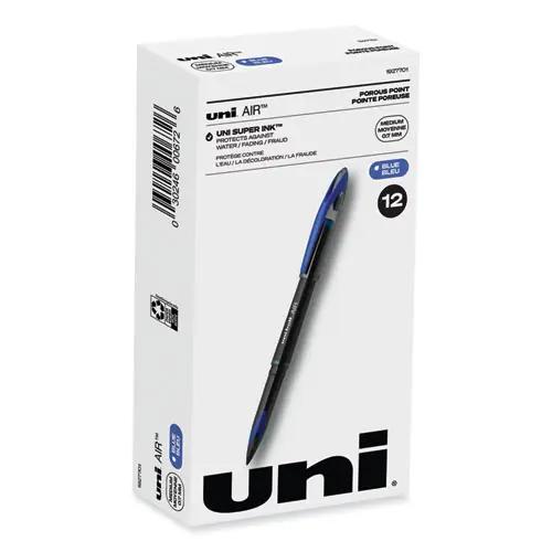 uniball® AIR Porous Rollerball Pen, Medium Point, 0.7 mm, Blue Ink, Black/Blue Barrel, Dozen