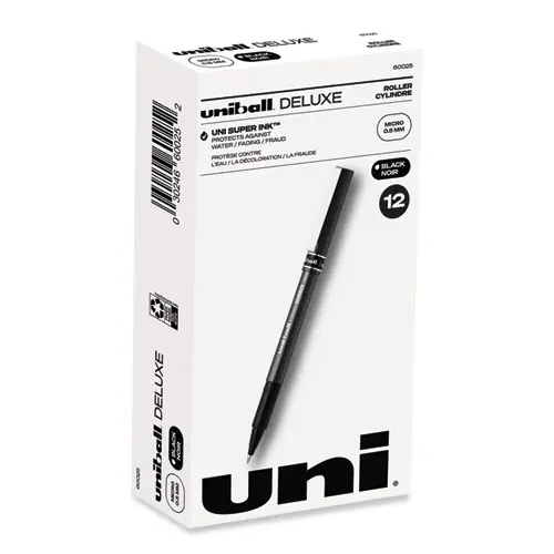 uniball® Deluxe Rollerball Pen, Extra-Fine 0.5 mm, Black Ink, Metallic Gray/Black Barrel, Dozen