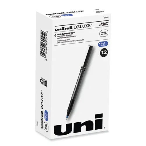 uniball® Deluxe Rollerball Pen, Extra-Fine 0.5 mm, Blue Ink, Metallic Gray/Black/Blue Barrel, Dozen