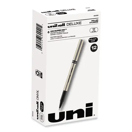 uniball® Deluxe Rollerball Pen, Fine Point, 0.7 mm, Black Ink, Champagne/Black Barrel, Dozen