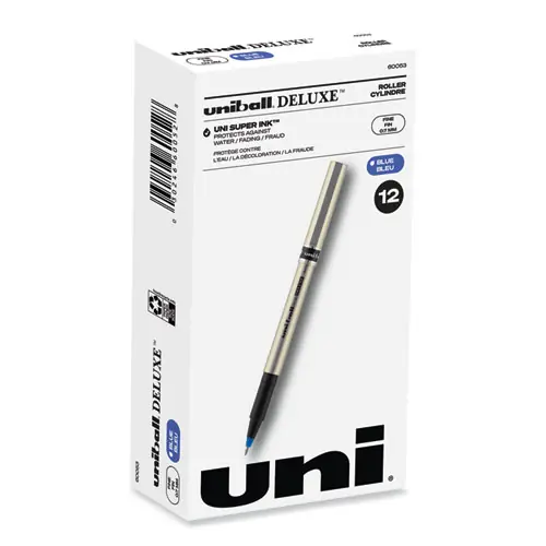 uniball® Deluxe Rollerball Pen, Fine 0.7 mm, Blue Ink, Champagne/Black/Blue Barrel, Dozen