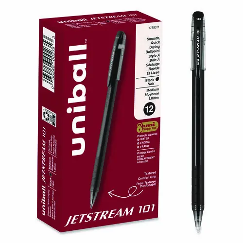 uniball® Jetstream 101 Hybrid Gel Pen, Bold Point, Black Ink, Black Barrel, Dozen