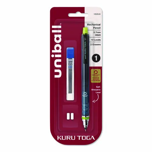uniball® KuruToga Mechanical Pencil with Tube of Diamond Lead, 0.7 mm, HB (#2), Black Lead, Black/Green Barrel