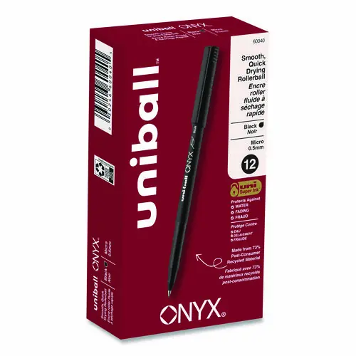 uniball® ONYX Rollerball Pen, Extra-Fine 0.5 mm, Black Ink, Black Barrel, Dozen