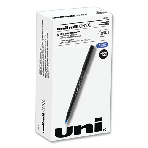 uniball® ONYX Rollerball Pen, Extra-Fine 0.5 mm, Blue Ink, Black/Blue Barrel, Dozen