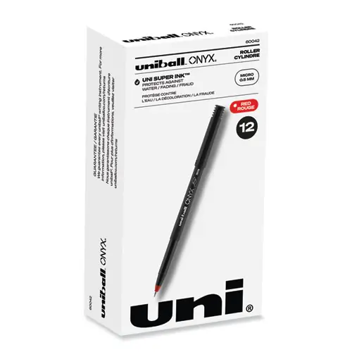 uniball® ONYX Rollerball Pen, Extra-Fine 0.5 mm, Red Ink, Black/Red Barrel, Dozen